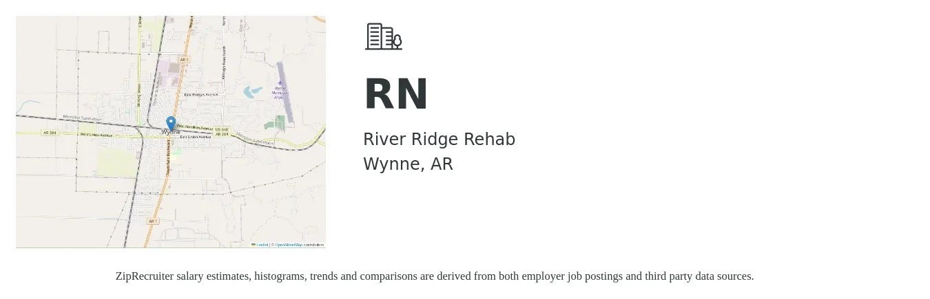 River Ridge Rehab job posting for a RN in Wynne, AR with a salary of $36 to $53 Hourly with a map of Wynne location.