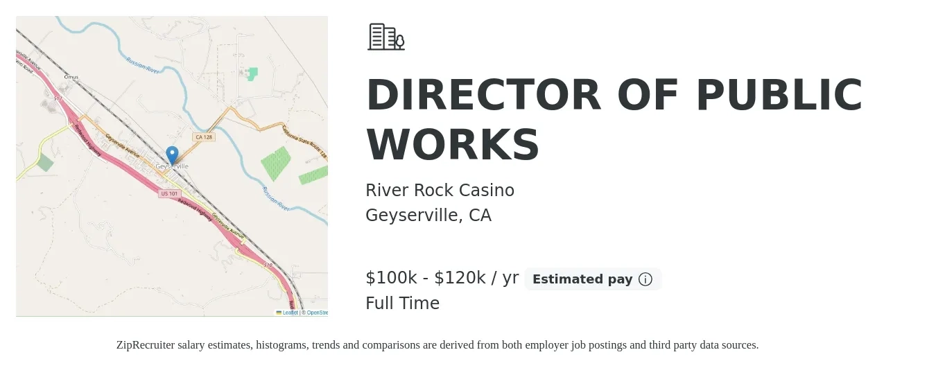River Rock Casino job posting for a DIRECTOR OF PUBLIC WORKS in Geyserville, CA with a salary of $100,000 to $120,000 Yearly with a map of Geyserville location.