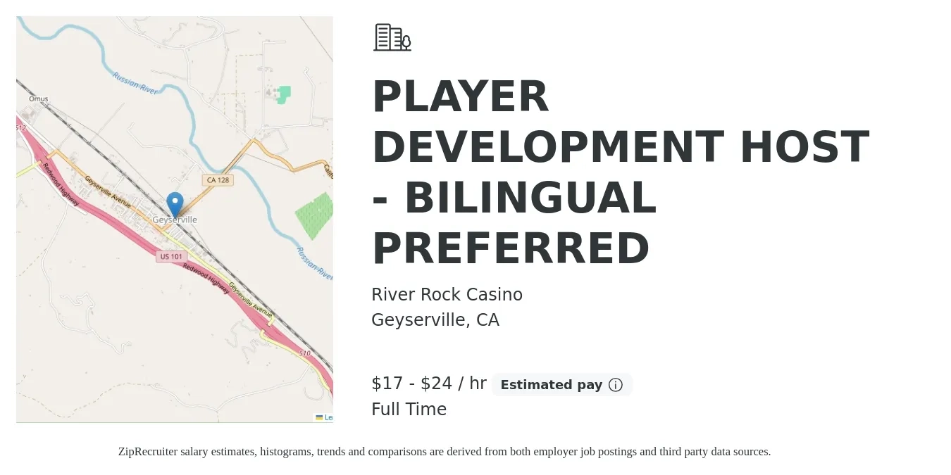 River Rock Casino job posting for a PLAYER DEVELOPMENT HOST - BILINGUAL PREFERRED in Geyserville, CA with a salary of $18 to $26 Hourly with a map of Geyserville location.