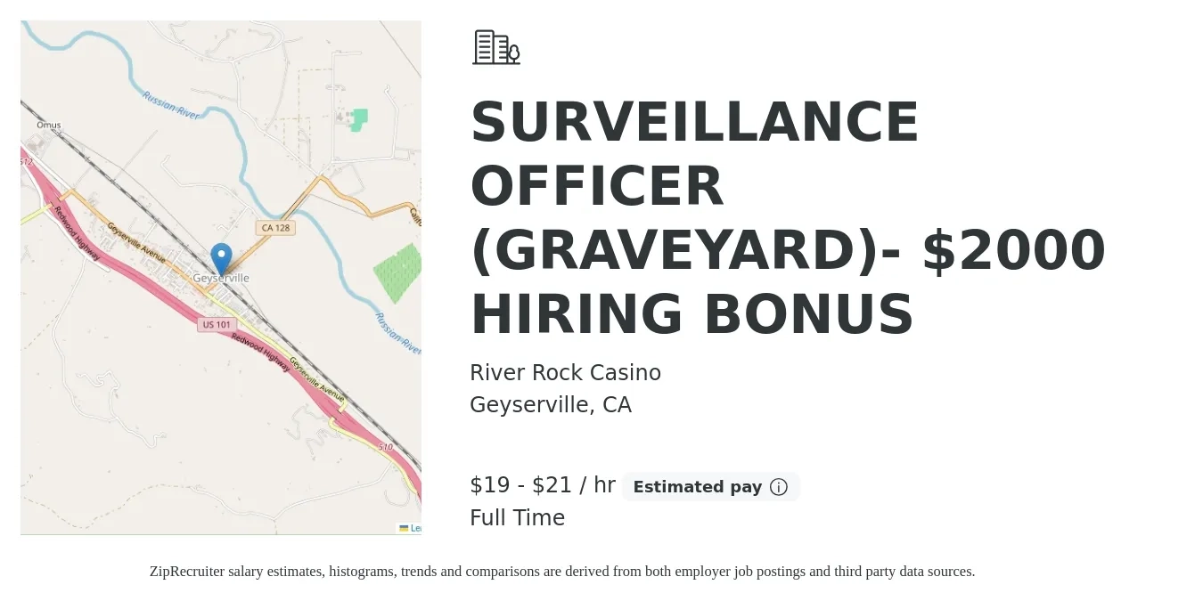 River Rock Casino job posting for a SURVEILLANCE OFFICER (GRAVEYARD)- $2000 HIRING BONUS in Geyserville, CA with a salary of $20 to $22 Hourly with a map of Geyserville location.