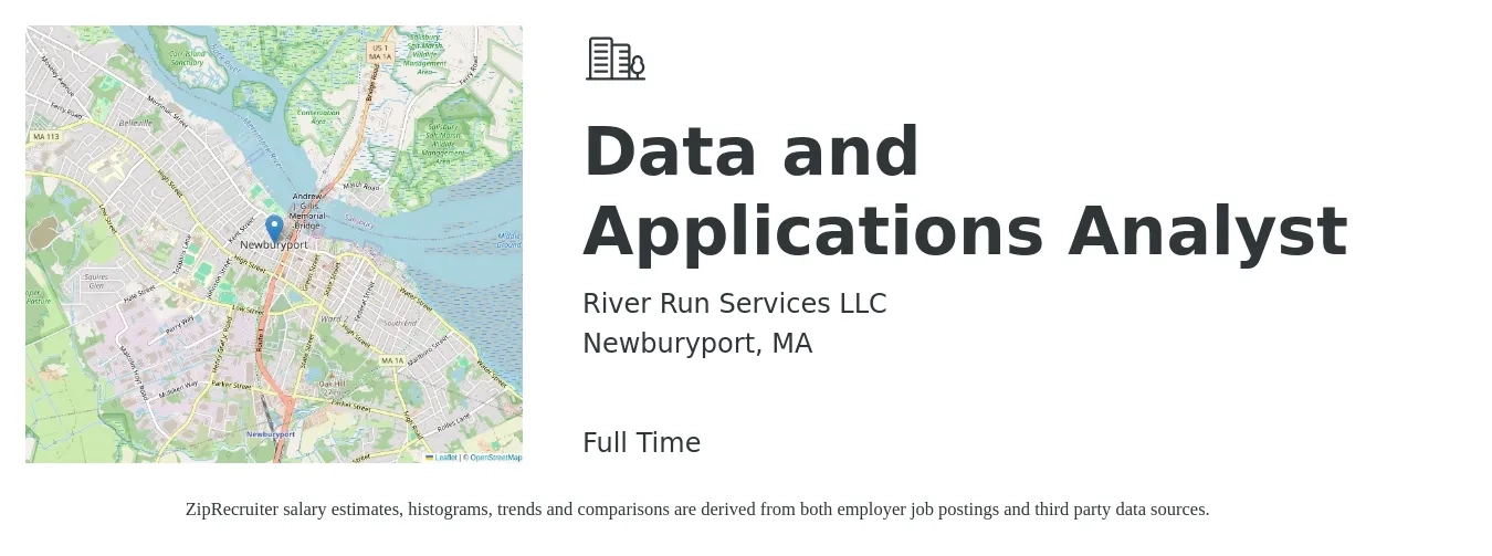 River Run Services LLC job posting for a Data and Applications Analyst in Newburyport, MA with a salary of $66,000 to $102,400 Yearly with a map of Newburyport location.