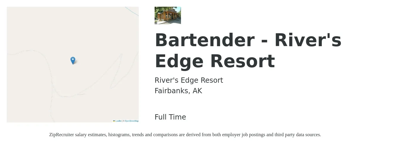 River's Edge Resort job posting for a Bartender - River's Edge Resort in Fairbanks, AK with a salary of $10 to $19 Hourly with a map of Fairbanks location.