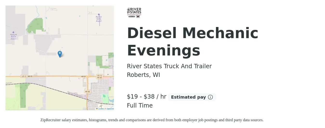 River States Truck And Trailer job posting for a Diesel Mechanic Evenings in Roberts, WI with a salary of $20 to $40 Hourly with a map of Roberts location.