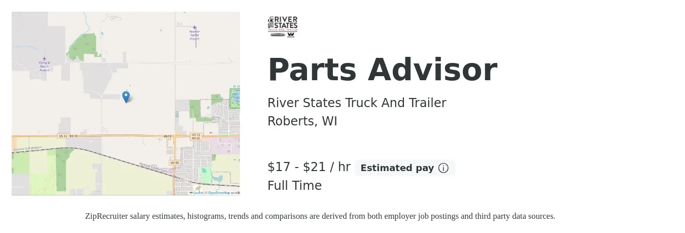 River States Truck And Trailer job posting for a Parts Advisor in Roberts, WI with a salary of $18 to $22 Hourly with a map of Roberts location.