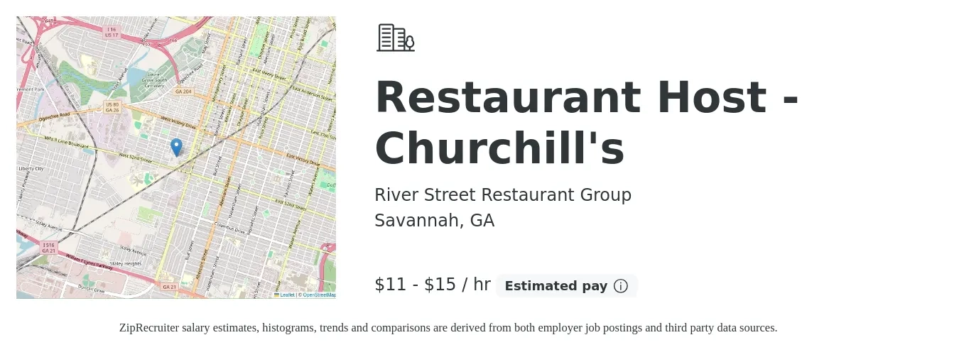 River Street Restaurant Group job posting for a Restaurant Host - Churchill's in Savannah, GA with a salary of $12 to $16 Hourly with a map of Savannah location.