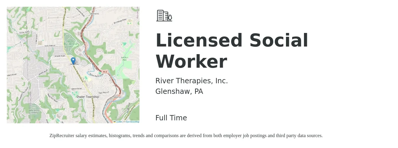 River Therapies, Inc. job posting for a Licensed Social Worker in Glenshaw, PA with a salary of $56,500 to $78,500 Yearly with a map of Glenshaw location.
