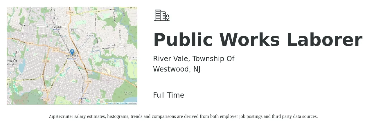 River Vale, Township Of job posting for a Public Works Laborer in Westwood, NJ with a salary of $16 to $23 Hourly with a map of Westwood location.