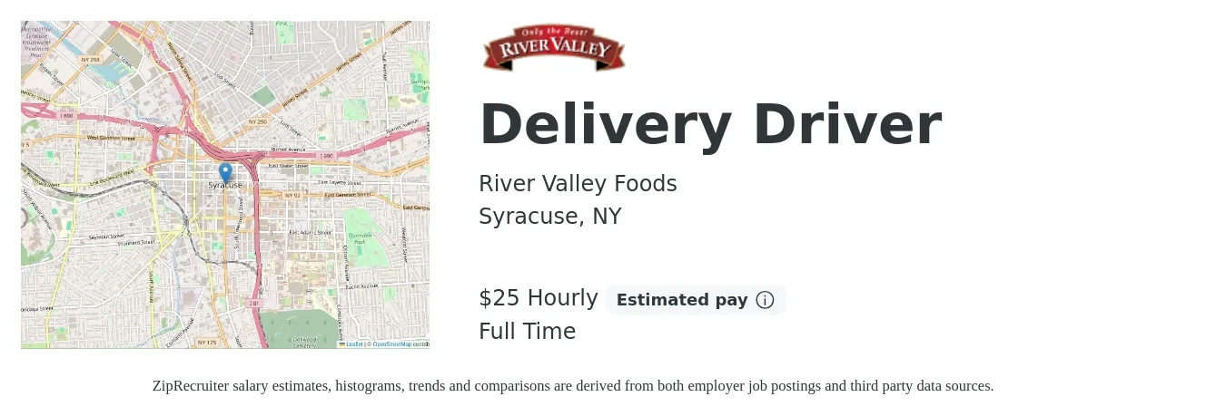 River Valley Foods job posting for a Delivery Driver in Syracuse, NY with a salary of $26 Hourly with a map of Syracuse location.