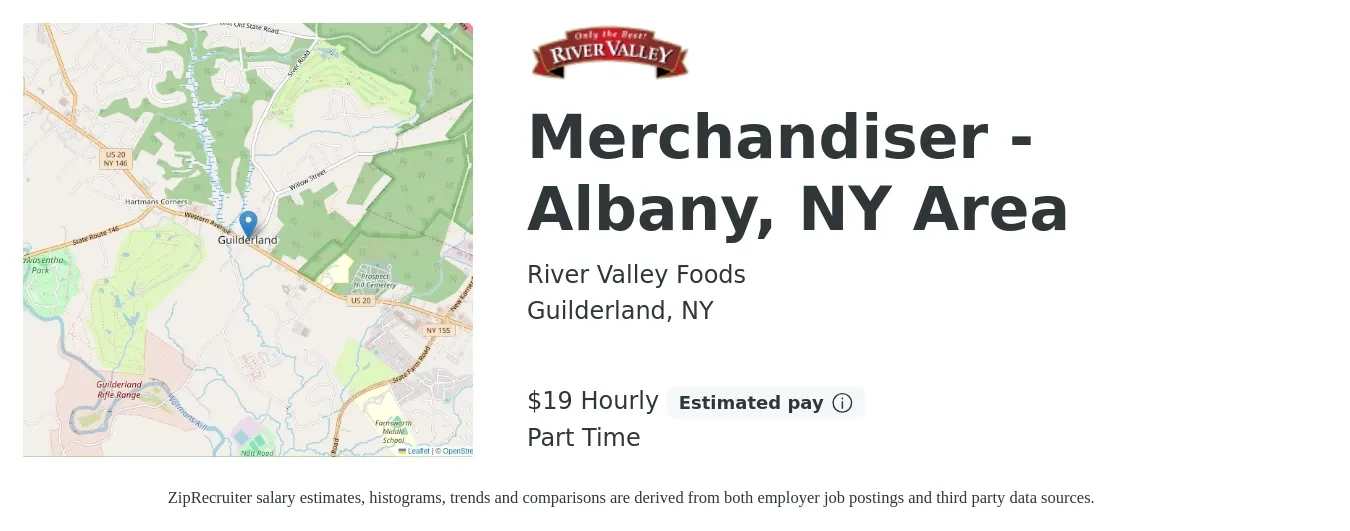 River Valley Foods job posting for a Merchandiser - Albany, NY Area in Guilderland, NY with a salary of $20 Hourly with a map of Guilderland location.