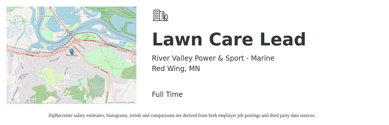 River Valley Power & Sport - Marine job posting for a Lawn Care Lead in Red Wing, MN with a salary of $30 Hourly with a map of Red Wing location.