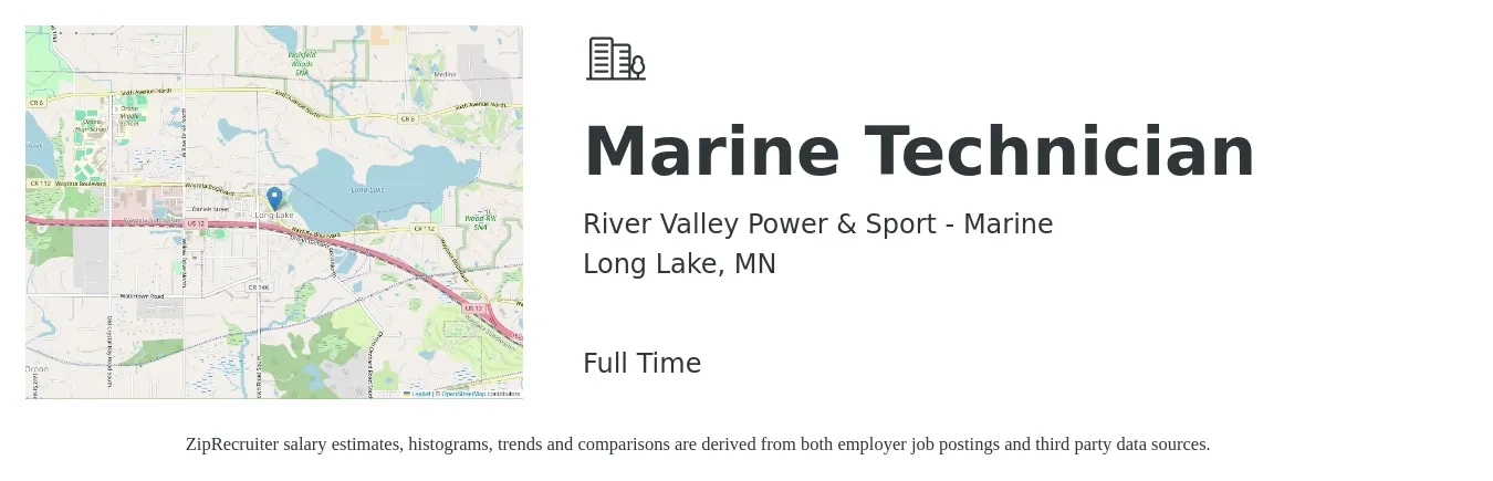 River Valley Power & Sport - Marine job posting for a Marine Technician in Long Lake, MN with a salary of $30 to $50 Hourly with a map of Long Lake location.