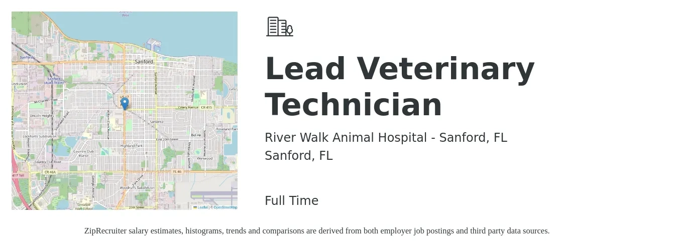 Riverwalk Animal Hospital - Sanford, FL job posting for a Lead Veterinary Technician in Sanford, FL with a salary of $17 to $23 Hourly with a map of Sanford location.