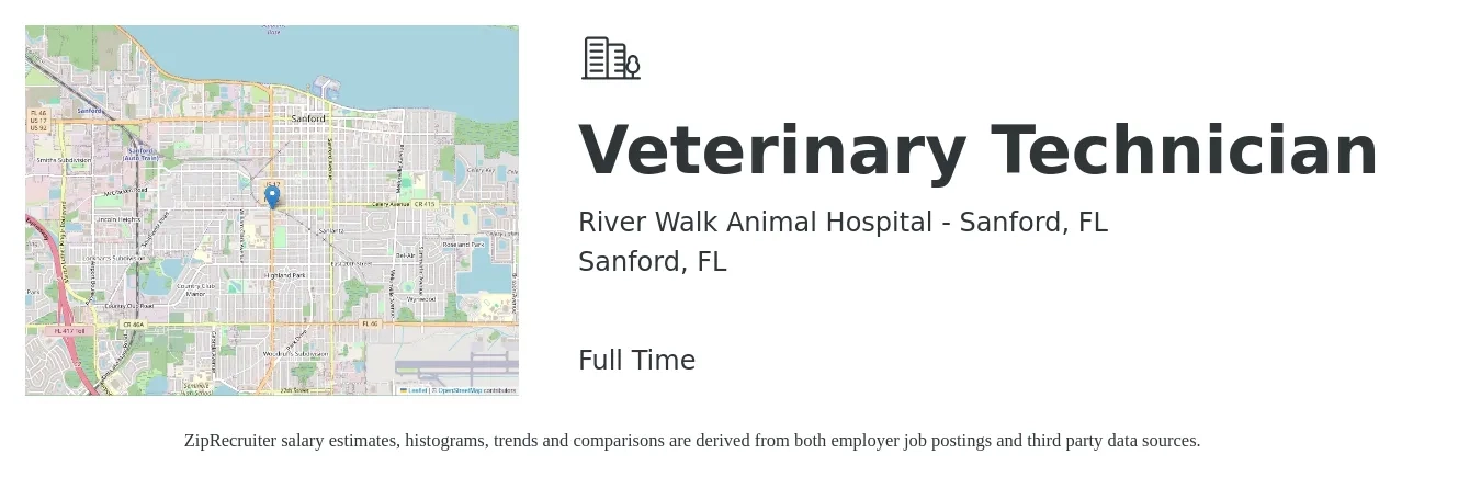 River Walk Animal Hospital - Sanford, FL job posting for a Veterinary Technician in Sanford, FL with a salary of $17 to $23 Hourly with a map of Sanford location.