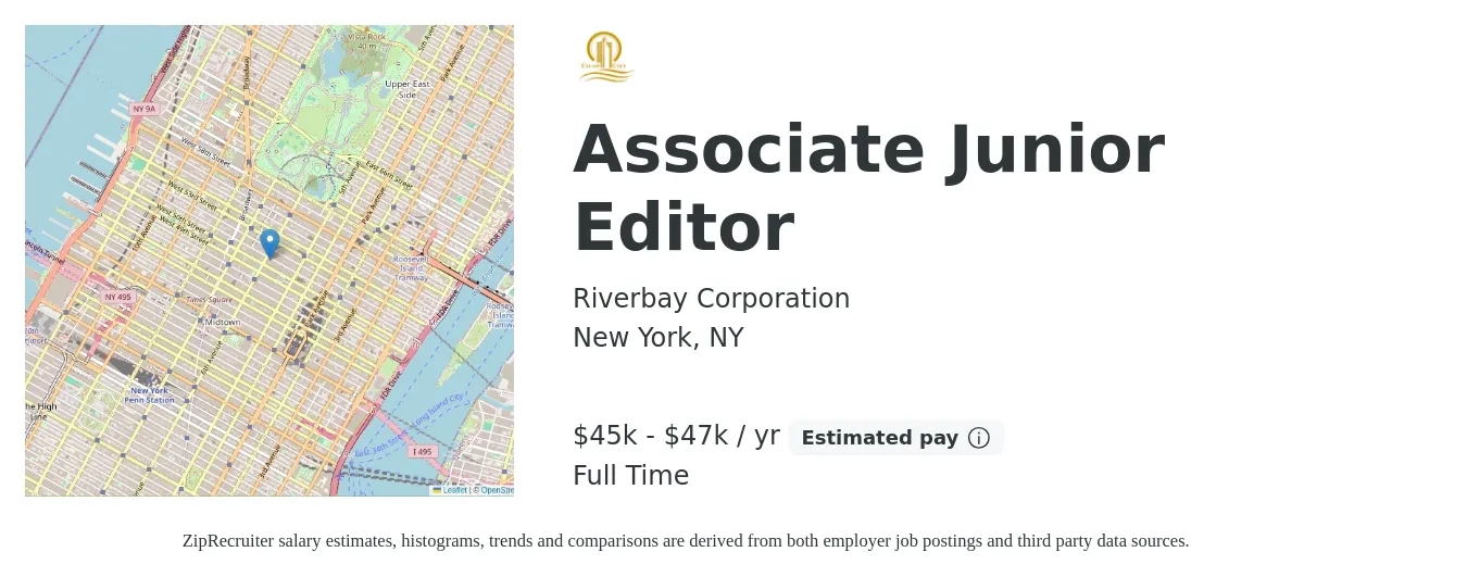 Riverbay Corporation job posting for a Associate Junior Editor in New York, NY with a salary of $45,000 to $47,000 Yearly with a map of New York location.