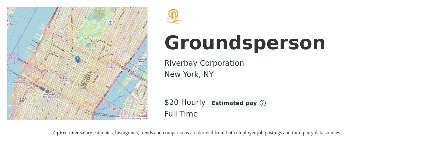 Riverbay Corporation job posting for a Groundsperson in New York, NY with a salary of $21 Hourly with a map of New York location.