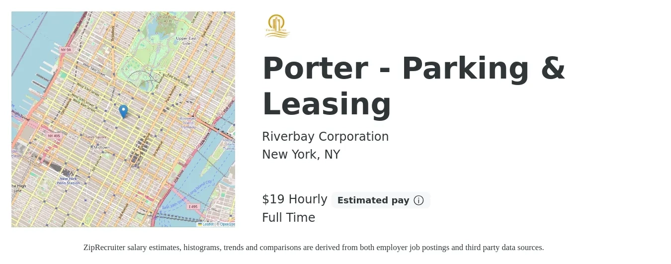 Riverbay Corporation job posting for a Porter - Parking & Leasing in New York, NY with a salary of $21 Hourly with a map of New York location.