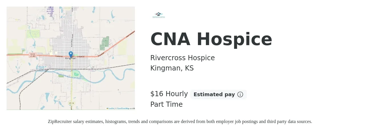 Rivercross Hospice job posting for a CNA Hospice in Kingman, KS with a salary of $17 to $17 Hourly and benefits including pto, and retirement with a map of Kingman location.