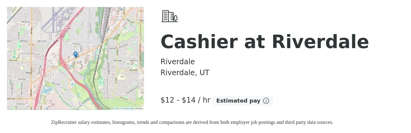Riverdale job posting for a Cashier at Riverdale in Riverdale, UT with a salary of $13 to $15 Hourly with a map of Riverdale location.