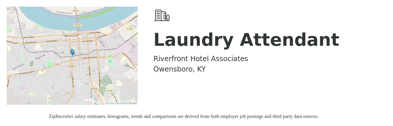Riverfront Hotel Associates job posting for a Laundry Attendant in Owensboro, KY with a salary of $13 to $16 Hourly with a map of Owensboro location.