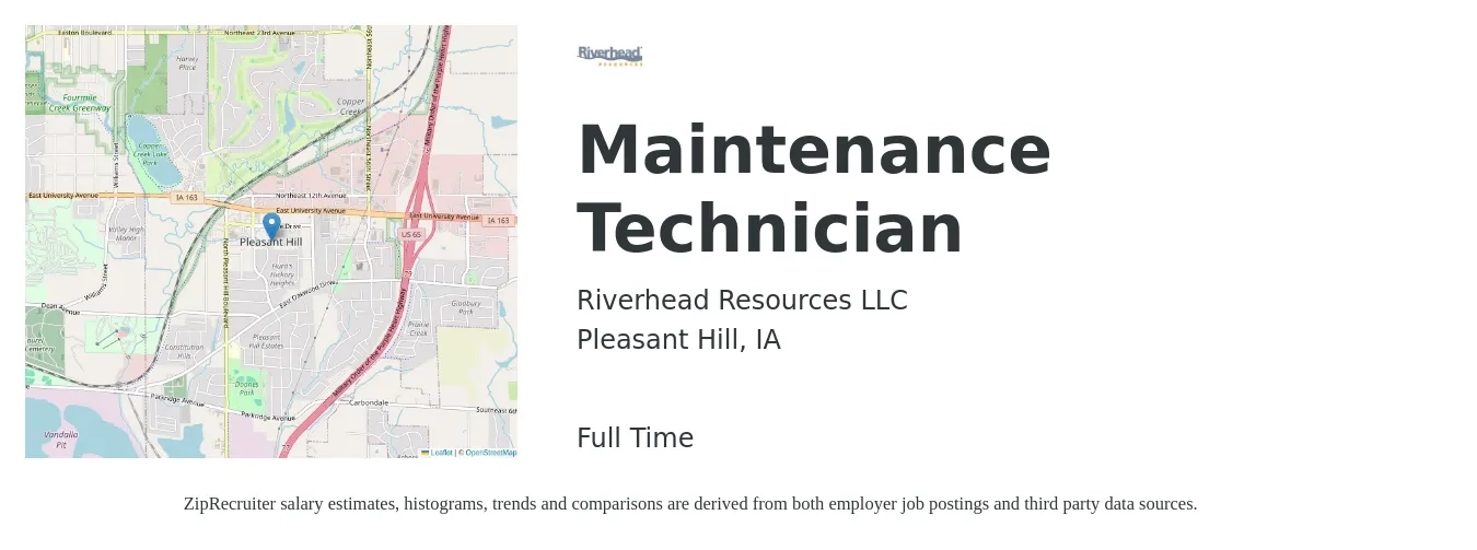 Riverhead Resources LLC job posting for a Maintenance Technician in Pleasant Hill, IA with a salary of $18 to $26 Hourly with a map of Pleasant Hill location.