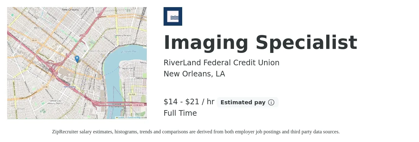 RiverLand Federal Credit Union job posting for a Imaging Specialist in New Orleans, LA with a salary of $15 to $22 Hourly with a map of New Orleans location.