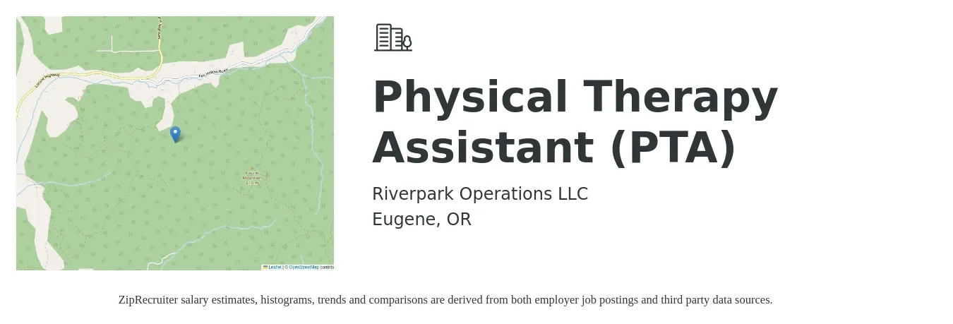 Riverpark Operations LLC job posting for a Physical Therapy Assistant (PTA) in Eugene, OR with a salary of $28 to $37 Hourly with a map of Eugene location.