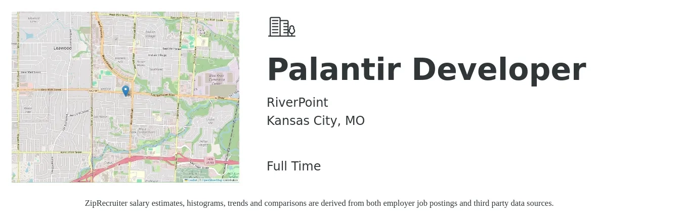 RiverPoint job posting for a Palantir Developer in Kansas City, MO with a salary of $50 to $69 Hourly with a map of Kansas City location.