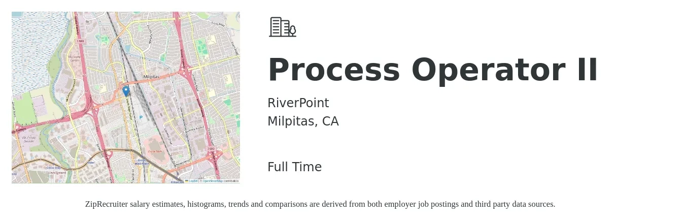 RiverPoint job posting for a Process Operator II in Milpitas, CA with a salary of $22 to $28 Hourly with a map of Milpitas location.