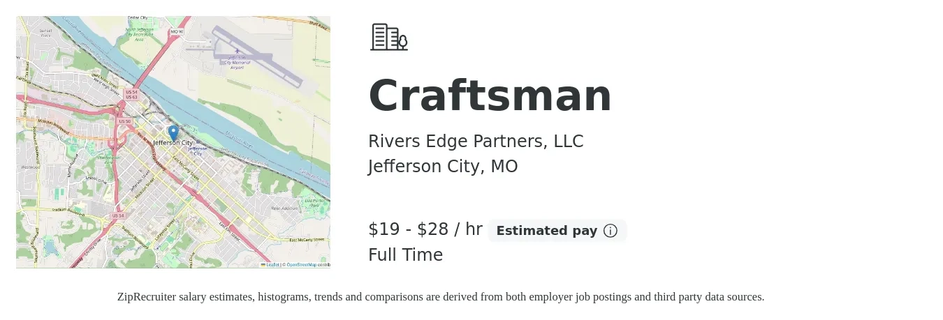Rivers Edge Partners, LLC job posting for a Craftsman in Jefferson City, MO with a salary of $20 to $30 Hourly with a map of Jefferson City location.