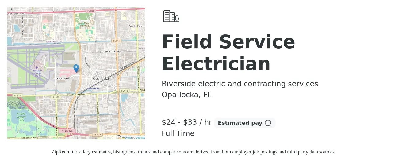 Riverside electric and contracting services job posting for a Field Service Electrician in Opa-locka, FL with a salary of $25 to $35 Hourly and benefits including pto with a map of Opa-locka location.