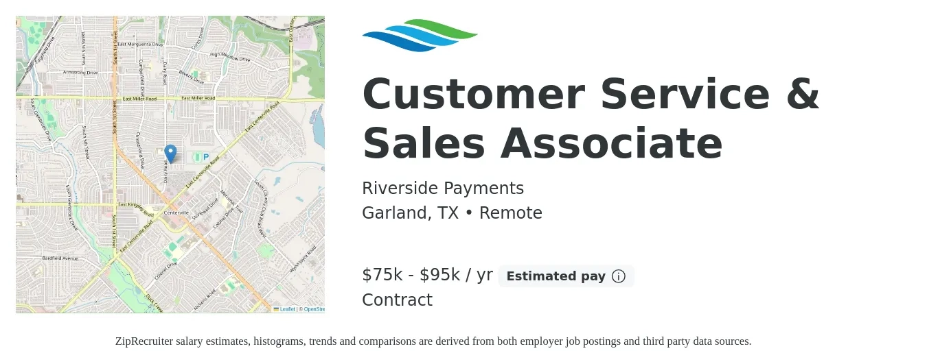Riverside Payments job posting for a Customer Service & Sales Associate in Garland, TX with a salary of $75,000 to $95,000 Yearly with a map of Garland location.