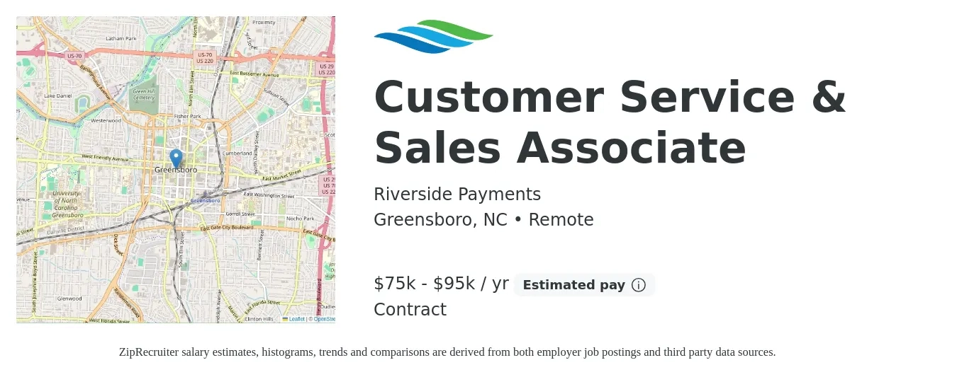 Riverside Payments job posting for a Customer Service & Sales Associate in Greensboro, NC with a salary of $75,000 to $95,000 Yearly with a map of Greensboro location.