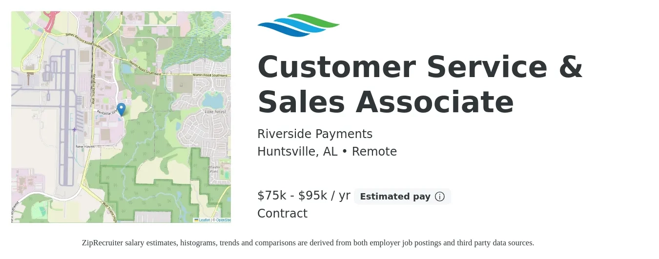 Riverside Payments job posting for a Customer Service & Sales Associate in Huntsville, AL with a salary of $75,000 to $95,000 Yearly with a map of Huntsville location.