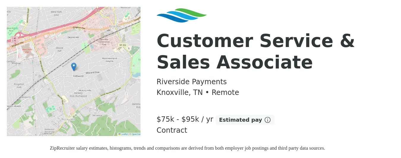 Riverside Payments job posting for a Customer Service & Sales Associate in Knoxville, TN with a salary of $75,000 to $95,000 Yearly with a map of Knoxville location.