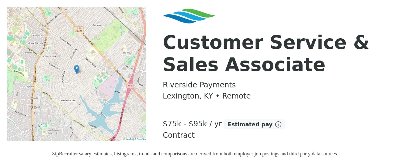 Riverside Payments job posting for a Customer Service & Sales Associate in Lexington, KY with a salary of $75,000 to $95,000 Yearly with a map of Lexington location.