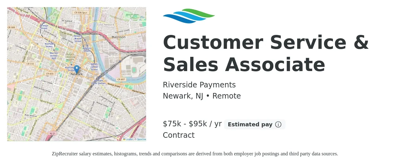 Riverside Payments job posting for a Customer Service & Sales Associate in Newark, NJ with a salary of $75,000 to $95,000 Yearly with a map of Newark location.