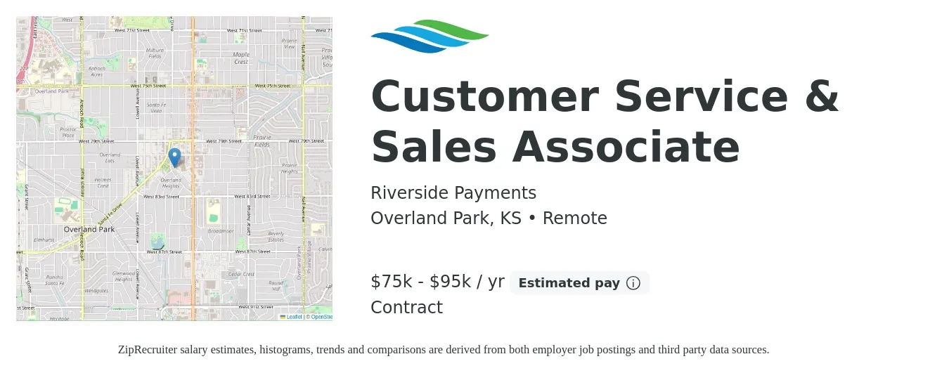 Riverside Payments job posting for a Customer Service & Sales Associate in Overland Park, KS with a salary of $75,000 to $95,000 Yearly with a map of Overland Park location.