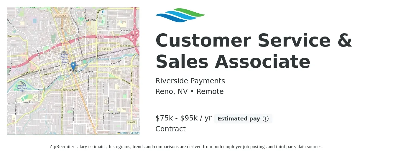Riverside Payments job posting for a Customer Service & Sales Associate in Reno, NV with a salary of $75,000 to $95,000 Yearly with a map of Reno location.