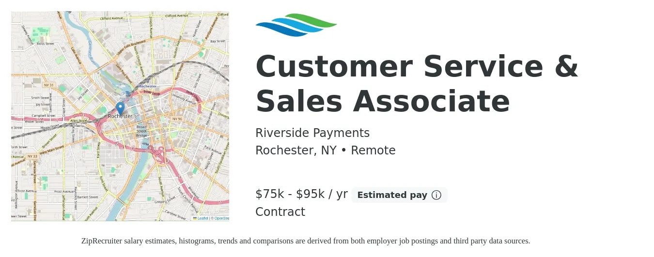 Riverside Payments job posting for a Customer Service & Sales Associate in Rochester, NY with a salary of $75,000 to $95,000 Yearly with a map of Rochester location.