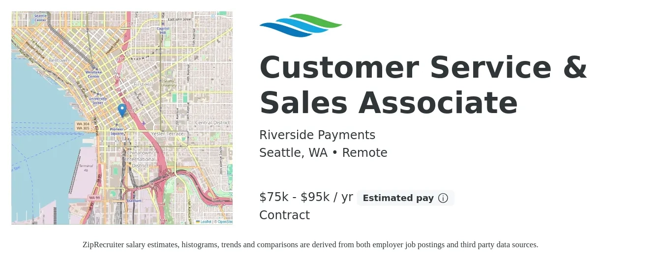 Riverside Payments job posting for a Customer Service & Sales Associate in Seattle, WA with a salary of $75,000 to $95,000 Yearly with a map of Seattle location.