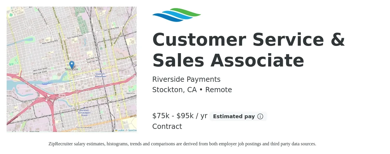 Riverside Payments job posting for a Customer Service & Sales Associate in Stockton, CA with a salary of $75,000 to $95,000 Yearly with a map of Stockton location.