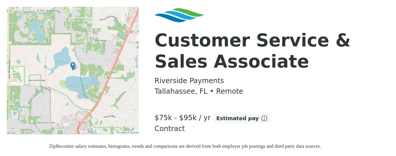 Riverside Payments job posting for a Customer Service & Sales Associate in Tallahassee, FL with a salary of $75,000 to $95,000 Yearly with a map of Tallahassee location.