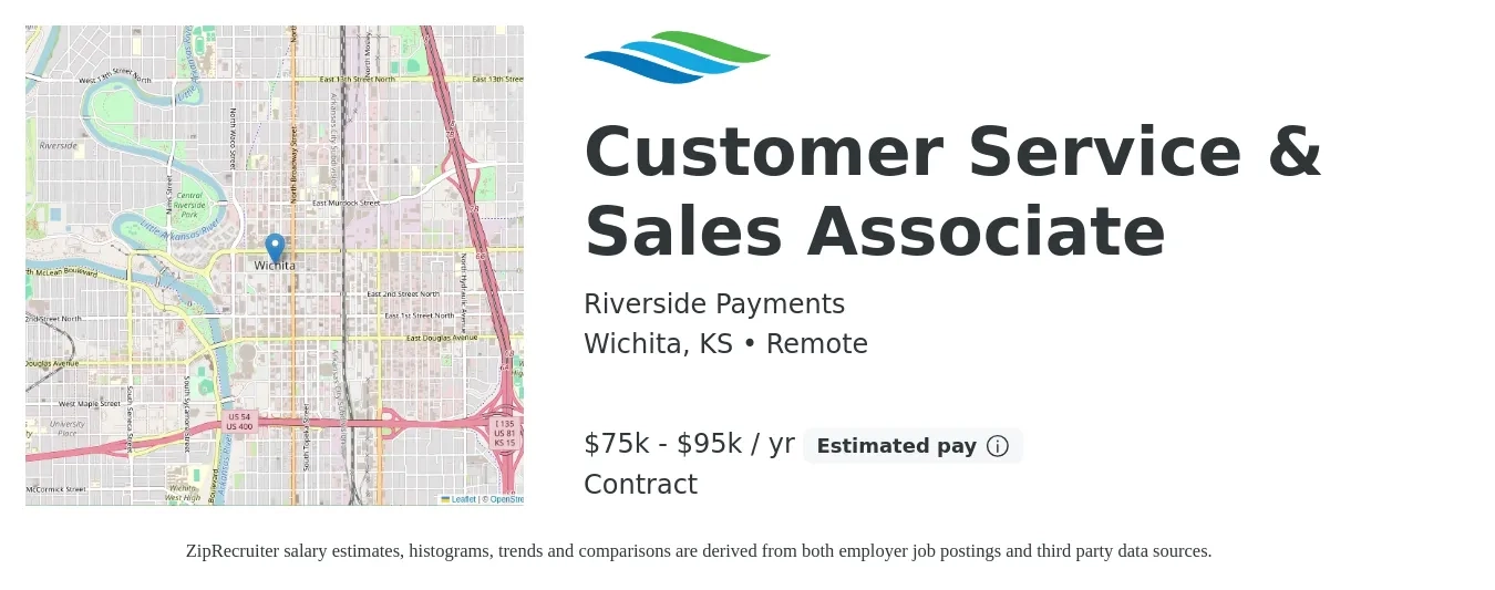 Riverside Payments job posting for a Customer Service & Sales Associate in Wichita, KS with a salary of $75,000 to $95,000 Yearly with a map of Wichita location.