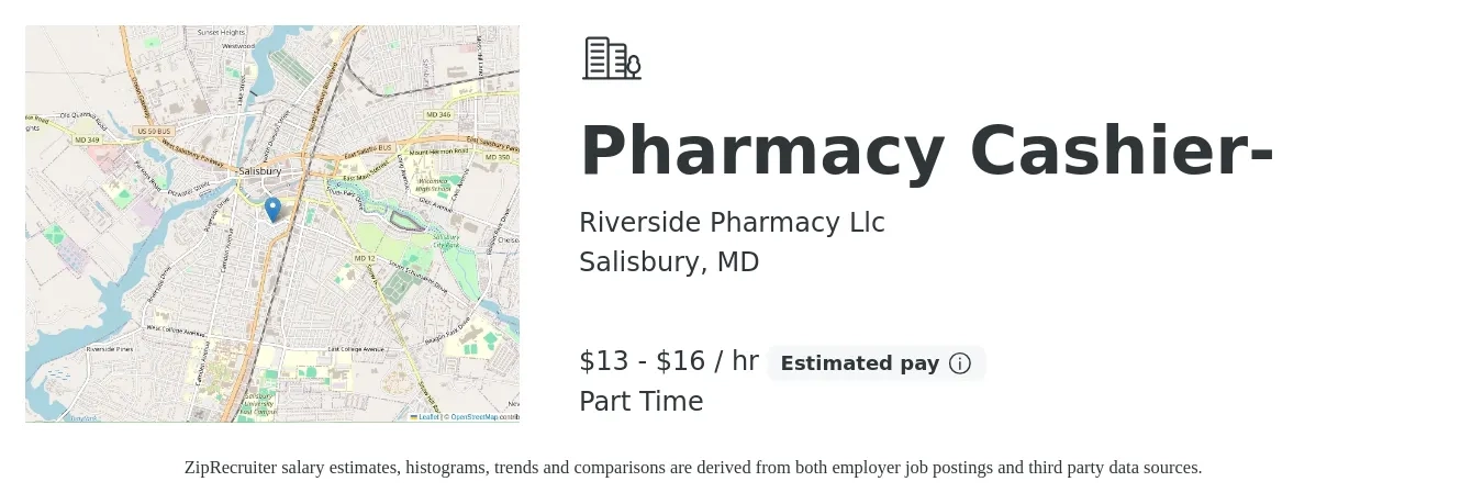 Riverside Pharmacy Llc job posting for a Pharmacy Cashier- in Salisbury, MD with a salary of $14 to $17 Hourly with a map of Salisbury location.