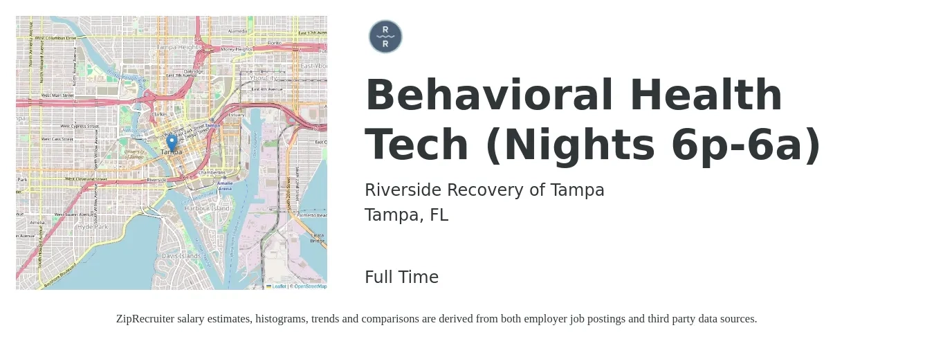 Riverside Recovery of Tampa job posting for a Behavioral Health Tech (Nights 6p-6a) in Tampa, FL with a salary of $15 to $18 Hourly with a map of Tampa location.