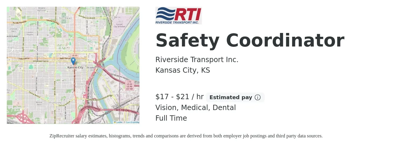 Riverside Transport Inc. job posting for a Safety Coordinator in Kansas City, KS with a salary of $18 to $22 Hourly and benefits including retirement, vision, dental, life_insurance, and medical with a map of Kansas City location.
