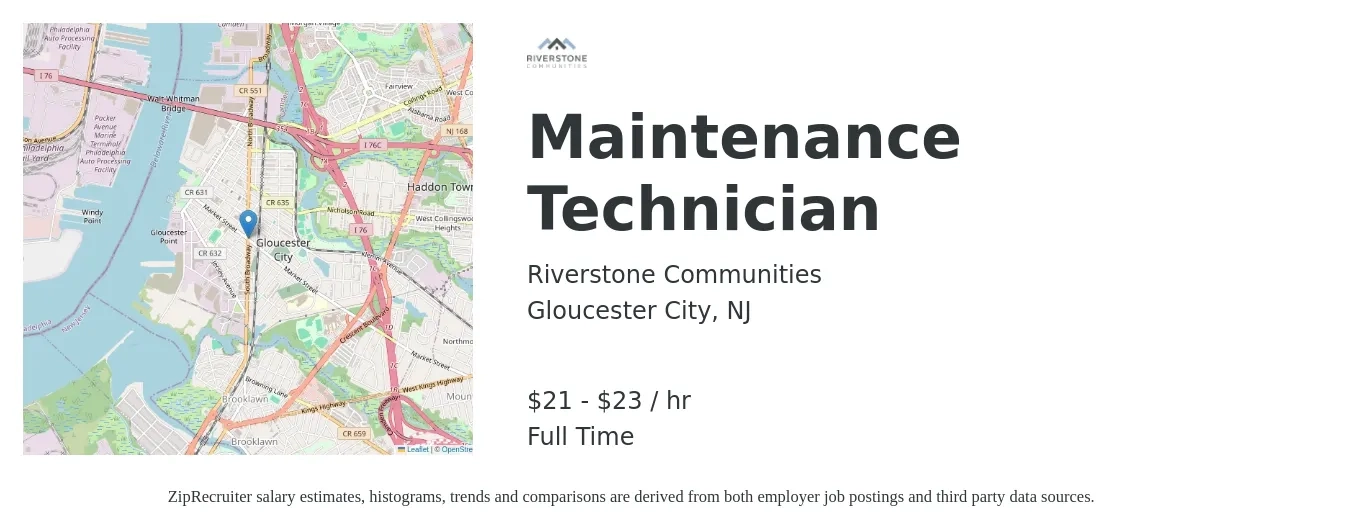 Riverstone Communities job posting for a Maintenance Technician in Gloucester City, NJ with a salary of $22 to $24 Hourly with a map of Gloucester City location.