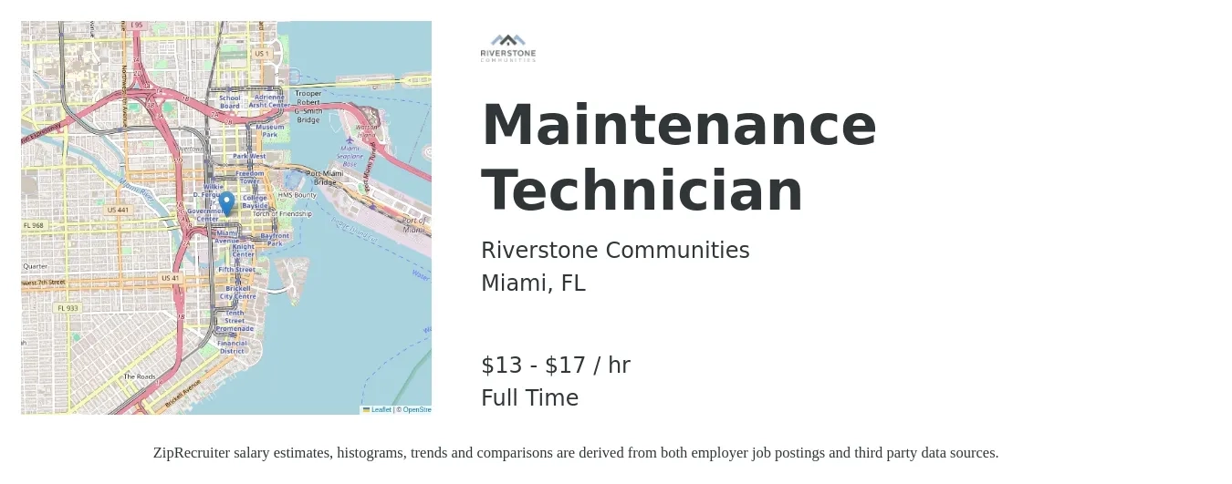 Riverstone Communities job posting for a Maintenance Technician in Miami, FL with a salary of $14 to $18 Hourly with a map of Miami location.