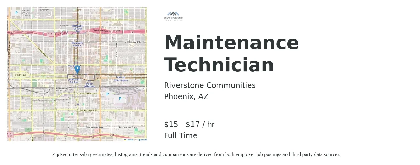 Riverstone Communities job posting for a Maintenance Technician in Phoenix, AZ with a salary of $16 to $18 Hourly with a map of Phoenix location.