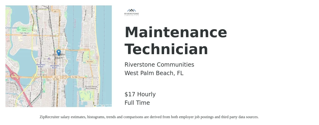 Riverstone Communities job posting for a Maintenance Technician in West Palm Beach, FL with a salary of $18 Hourly with a map of West Palm Beach location.